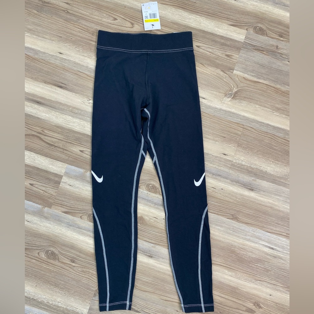 NIKE Women’s Tight Fit High Rise Full Length Leggings S Swoosh Blk White Cotton